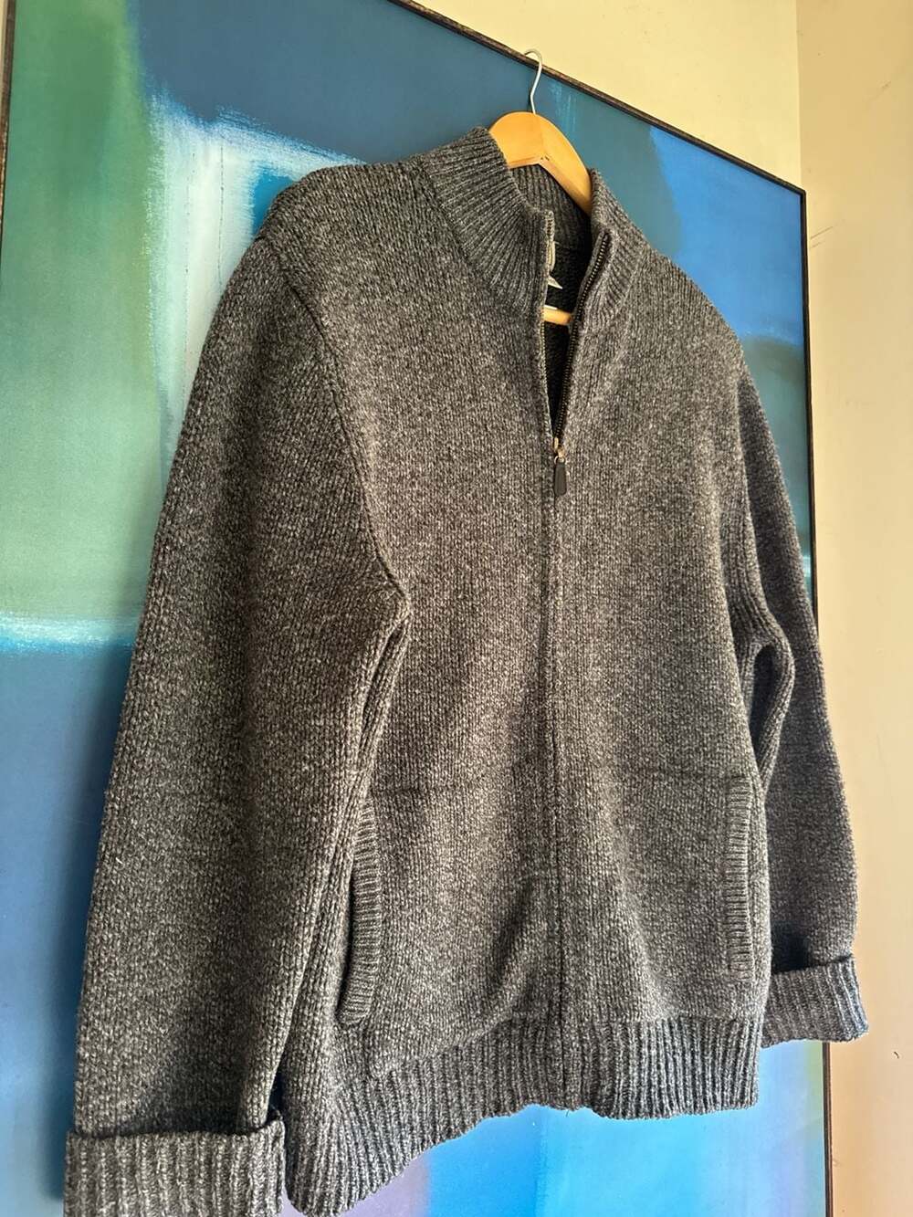 L.L.Bean Men's Size Medium 100% Lambswool Full Zip Mock Neck Sweater Gray